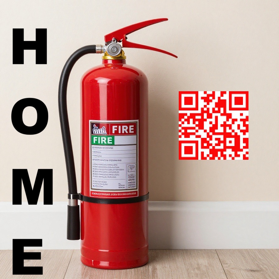 Red fire extinguisher with QR code